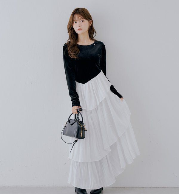  「【SALON by Chico】ベロアドッキングラッフルアシメプリーツワンピース」|ワンピース|