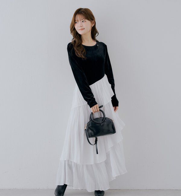  「【SALON by Chico】ベロアドッキングラッフルアシメプリーツワンピース」|ワンピース|