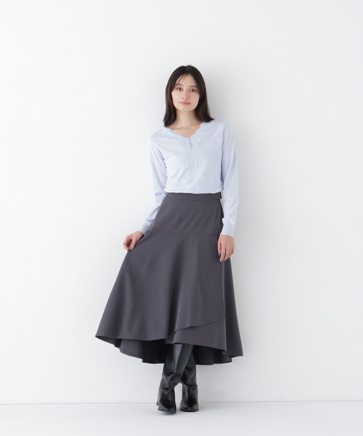  「アシメラッフルスカート」|スカート|チャコール1
