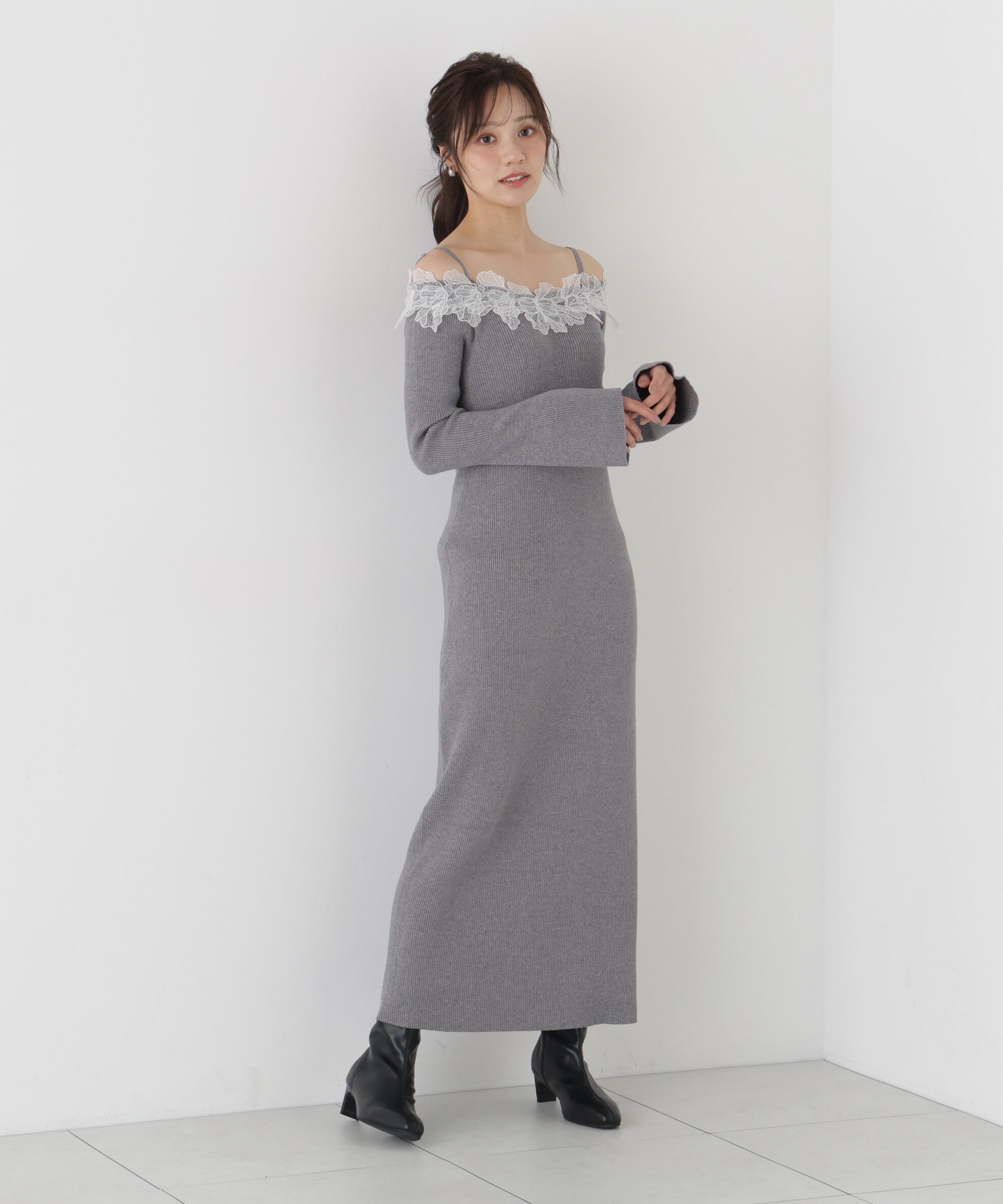 PROPORTION BODY DRESSING「レースオフショルニットワンピース」|ワンピース|