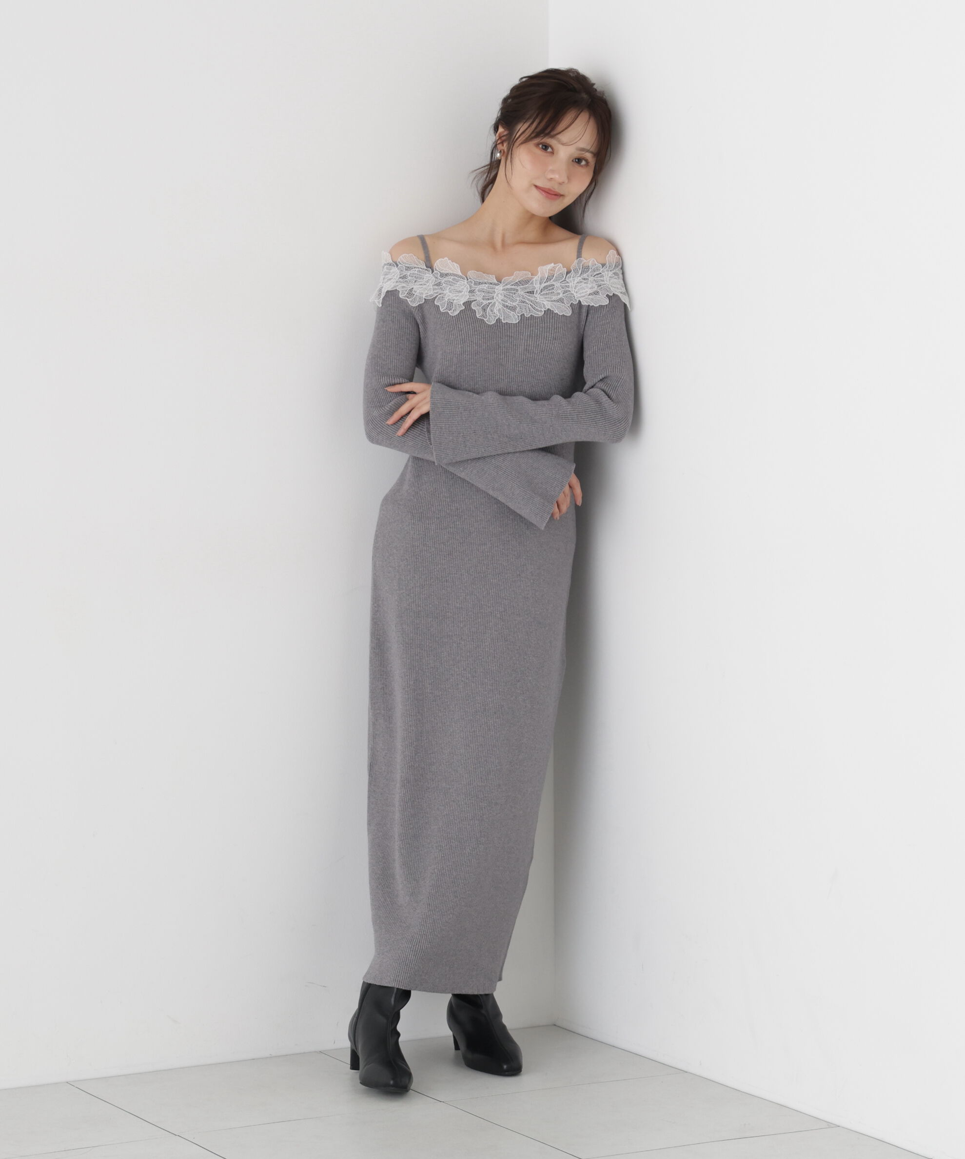 PROPORTION BODY DRESSING「レースオフショルニットワンピース」|ワンピース|