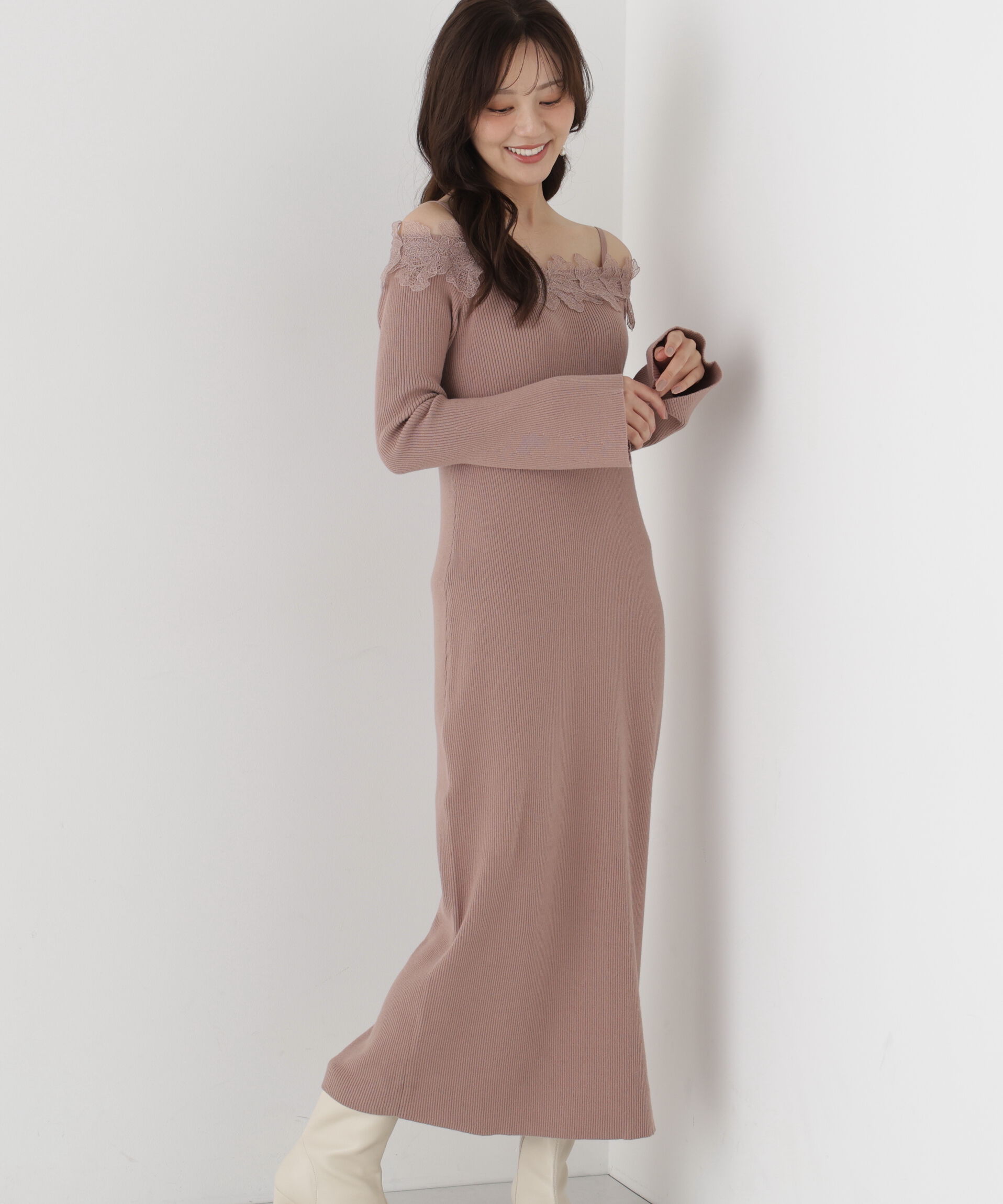 PROPORTION BODY DRESSING「レースオフショルニットワンピース」|ワンピース|