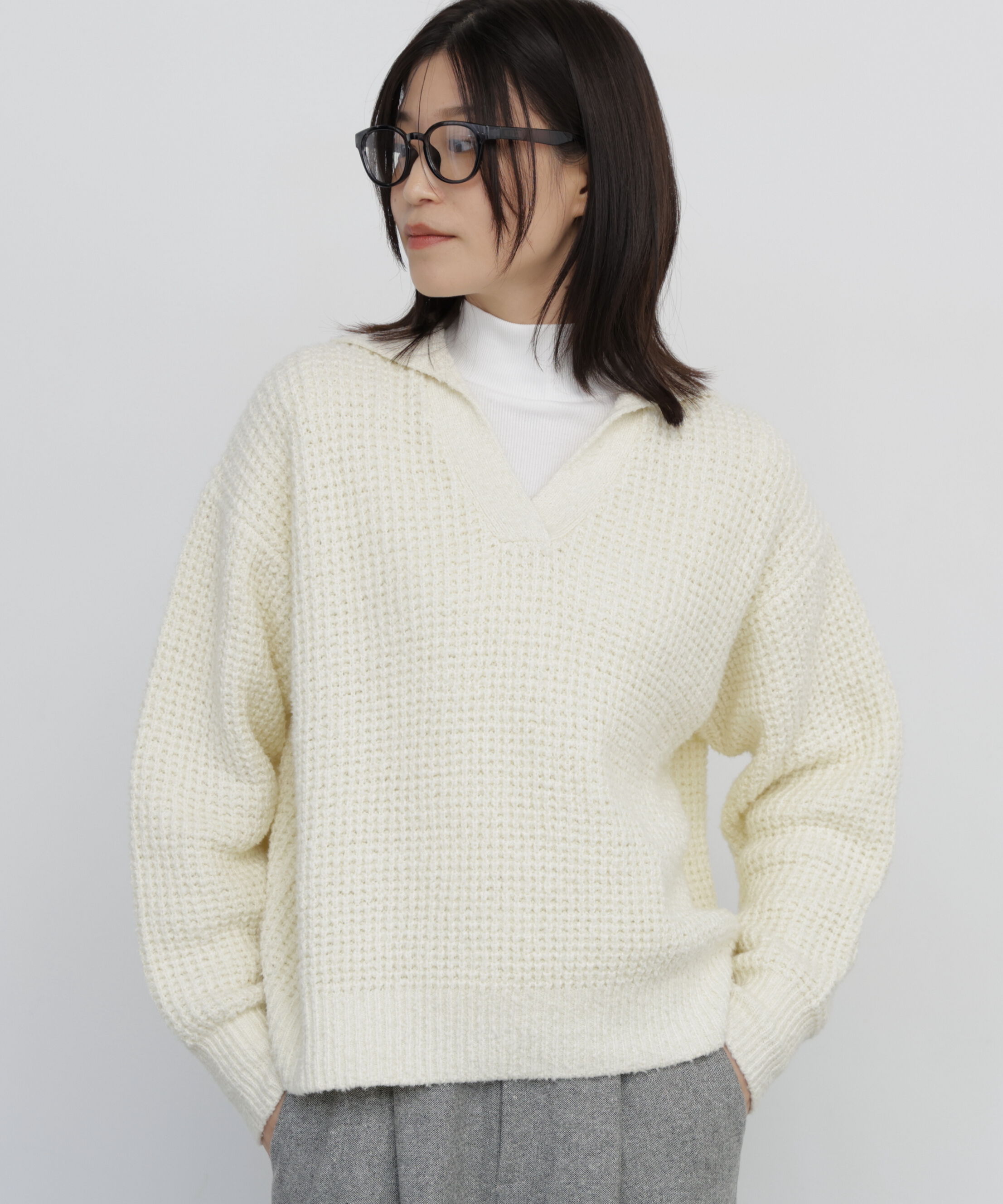  「◆ブークレワッフル柄スキッパーニット」|ニット・セーター|エクリュ1