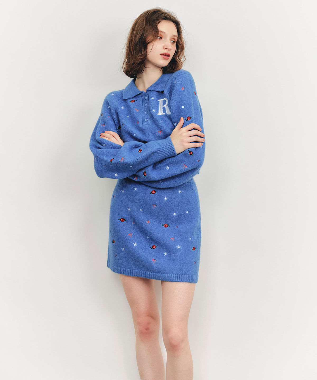 REDYAZEL「ローズエンブロイダリーポロニット&times;タイトミニスカートセットアップ」|ワンピース|