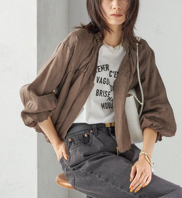 SHIPS for women「〈手洗い可能〉バック ギャザー リネン ジップ ブルゾン」|ブルゾン・スタジャン|オリーブ