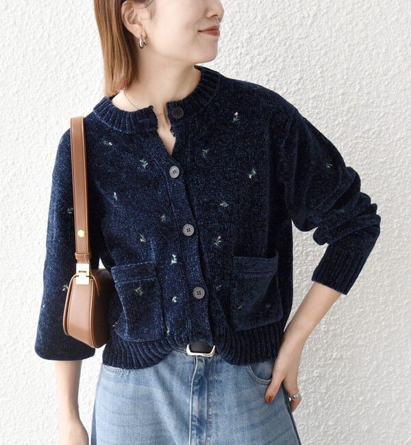 SHIPS any「〈手洗い可能〉フラワー 刺繍 クルーネック カーディガン」|カーディガン|ネイビー