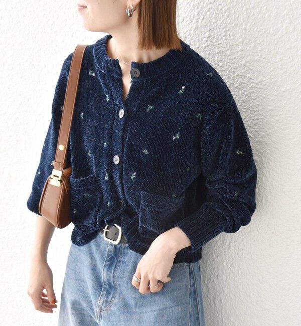 SHIPS any「〈手洗い可能〉フラワー 刺繍 クルーネック カーディガン」|カーディガン|