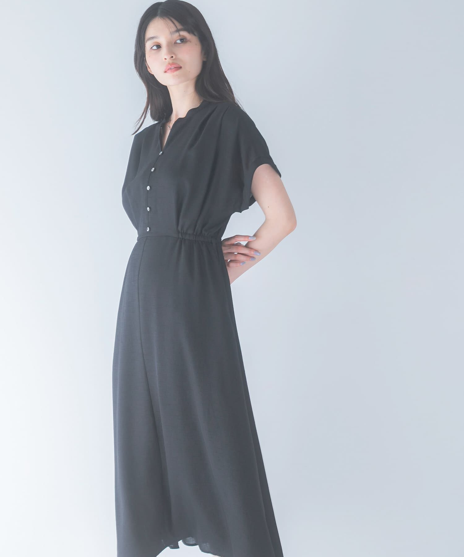 URBAN RESEARCH ROSSO「ウォッシャブルセミシアー2WAYネックワンピース」|ワンピース|ブラック