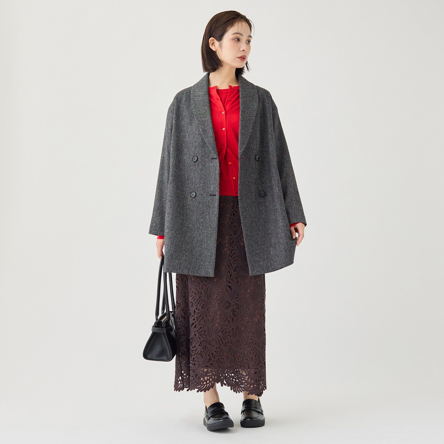 INDIVI「【顔まわりスッキリ】ショールカラー ミドル丈コート」|チェスターコート|