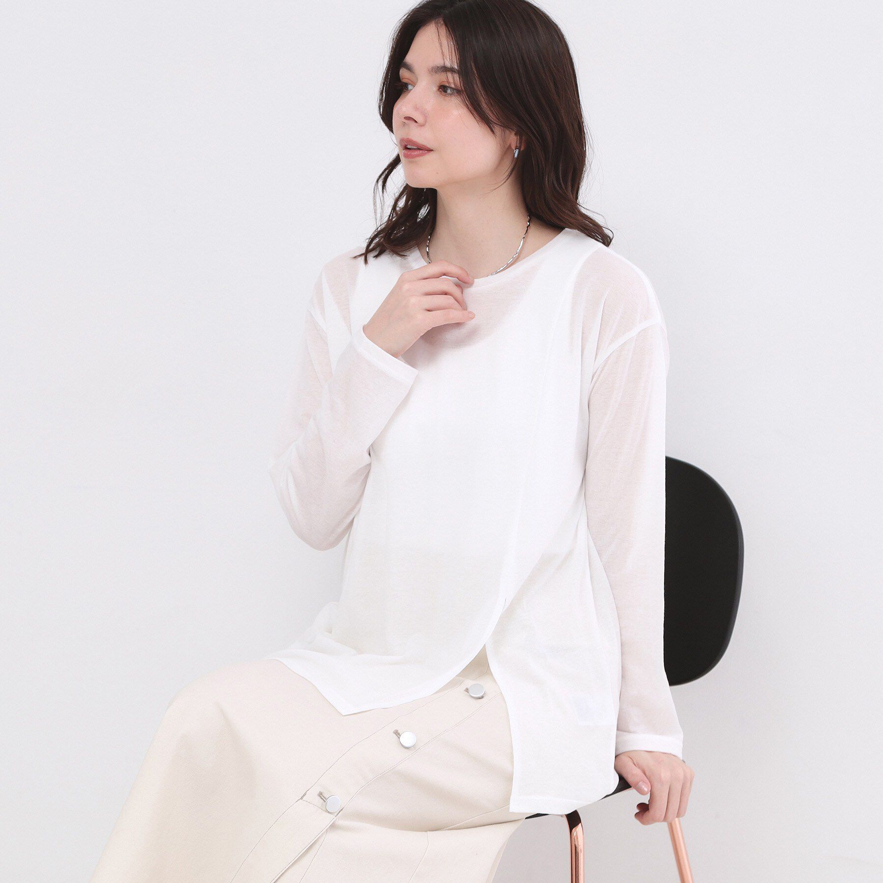 OPAQUE.CLIP「シアースリットカットソー【洗濯機OK】」|Tシャツ・カットソー|ホワイト(001)