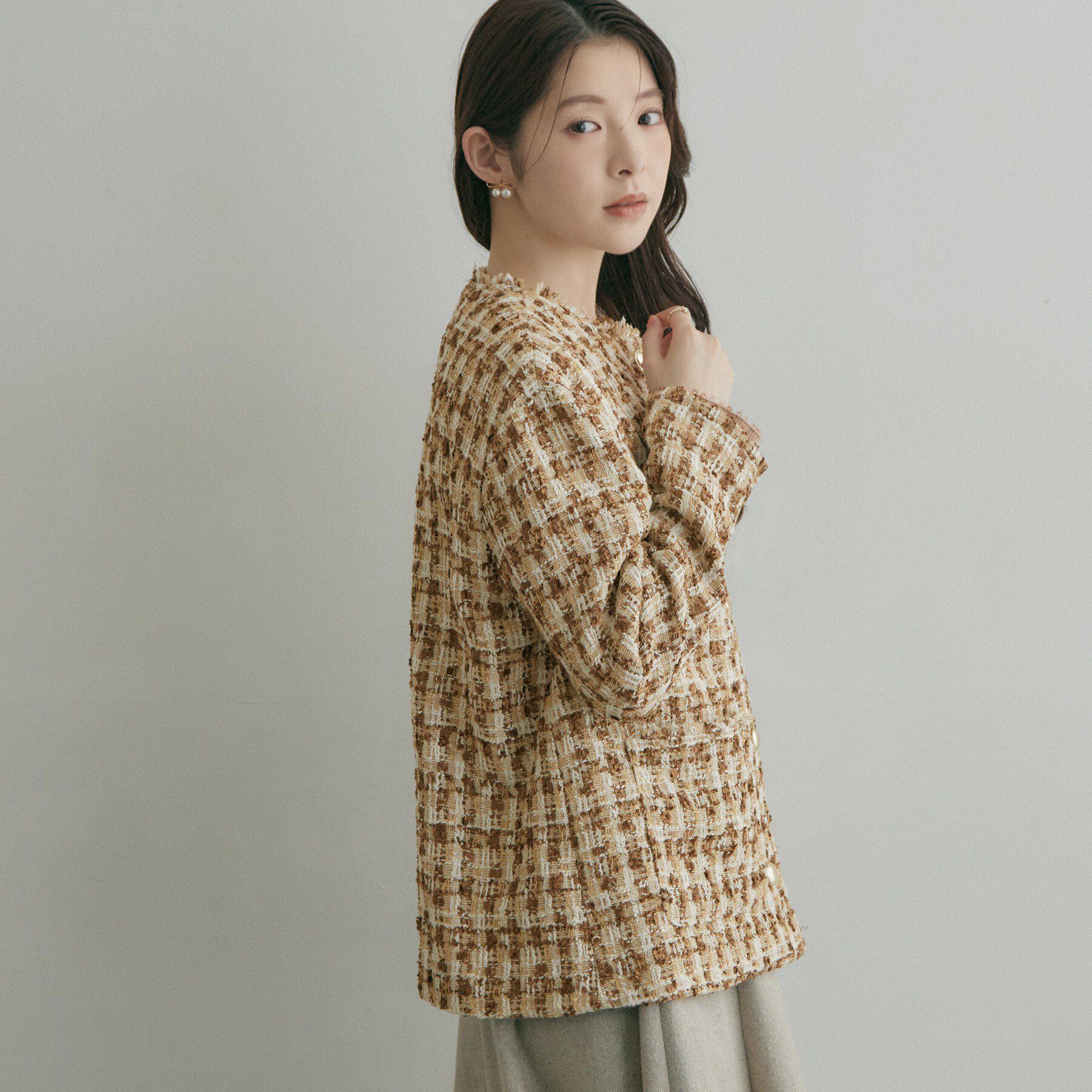 Couture broach「オータムツイードジャケット」|ノーカラージャケット|