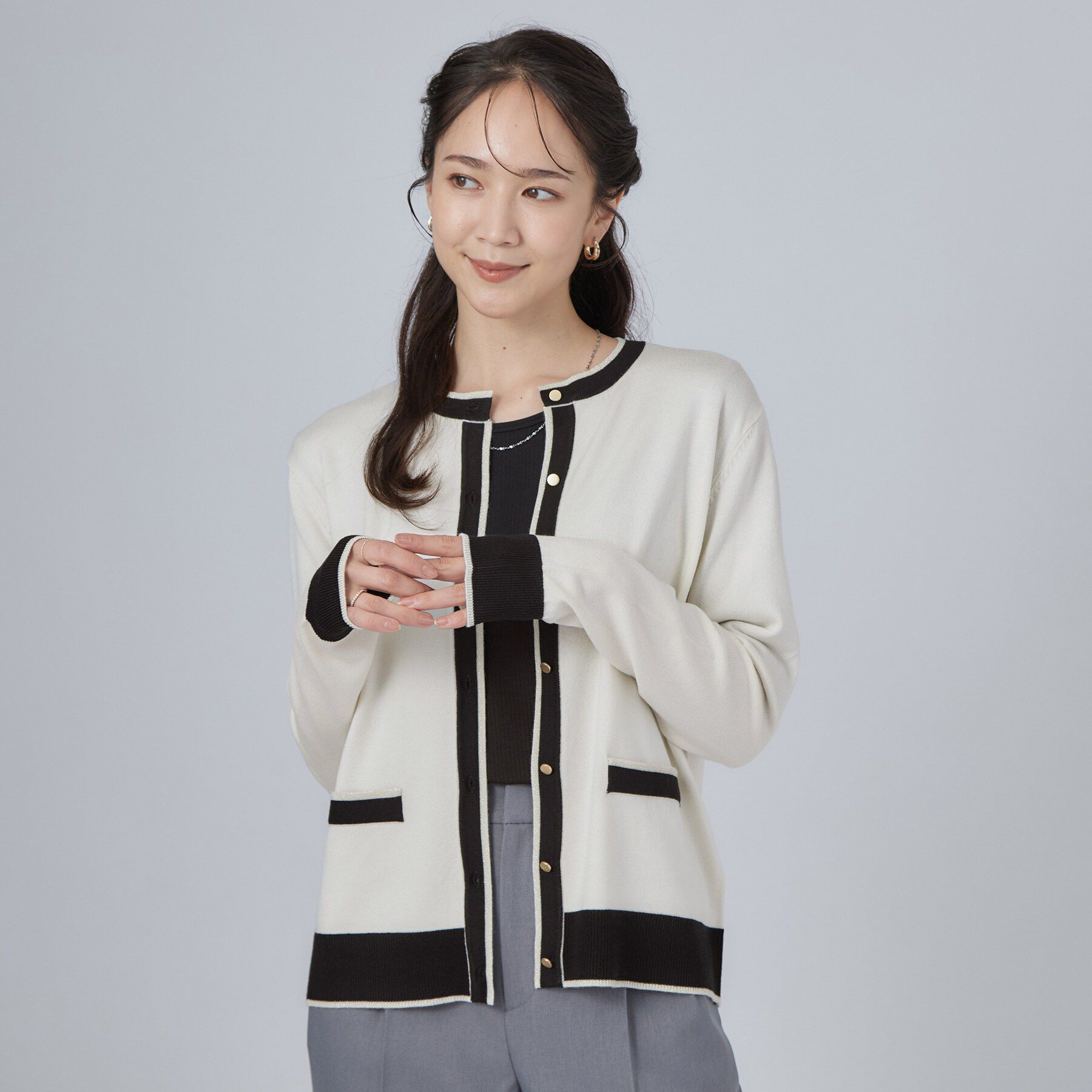 SHOO･LA･RUE「【アンサンブル可/S-LL/洗濯機可】配色使いが目を惹く クルーネックニットカーディガン」|カーディガン|