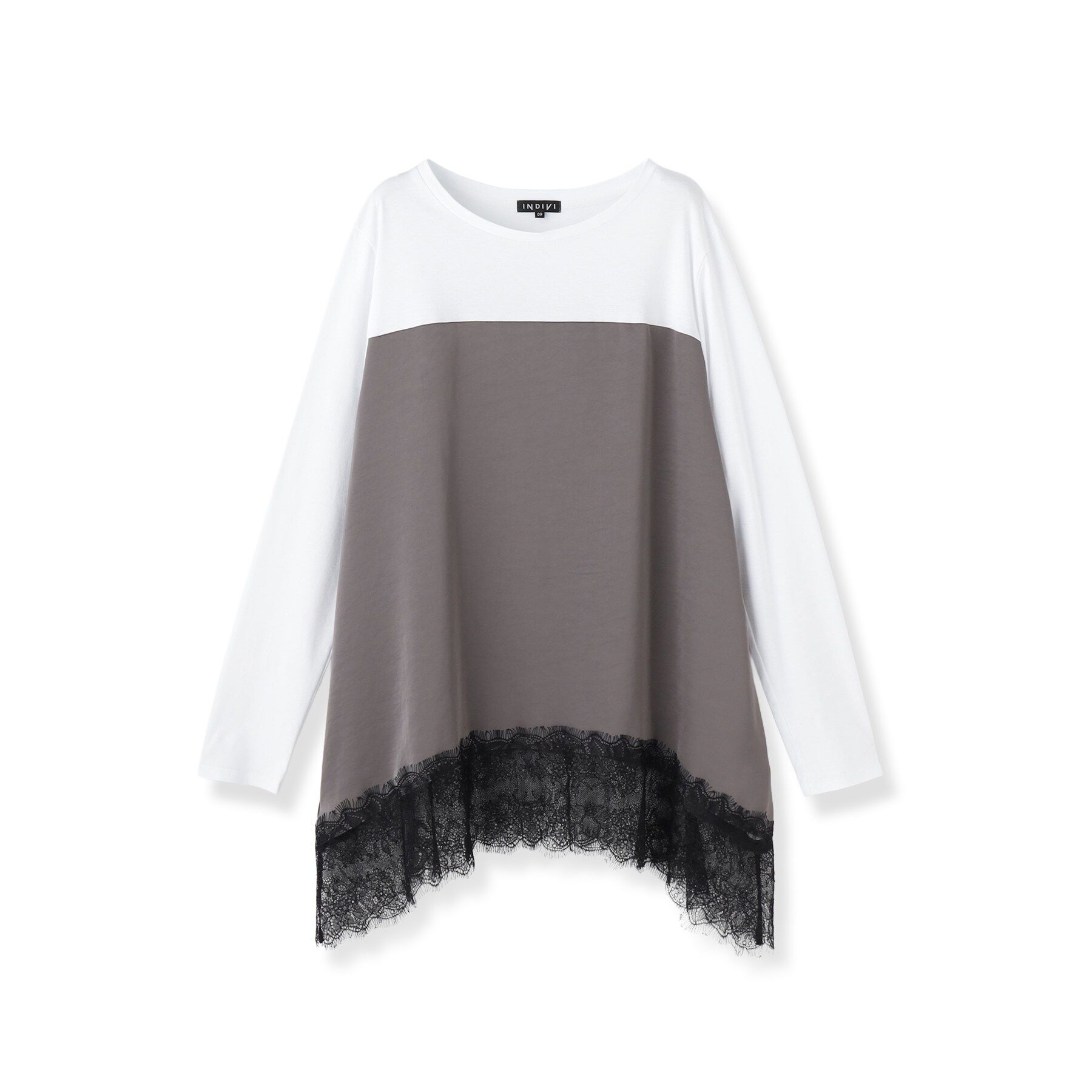INDIVI「【お腹・腰カバー】サテン切替 レースヘムロングトップス」|Tシャツ・カットソー|