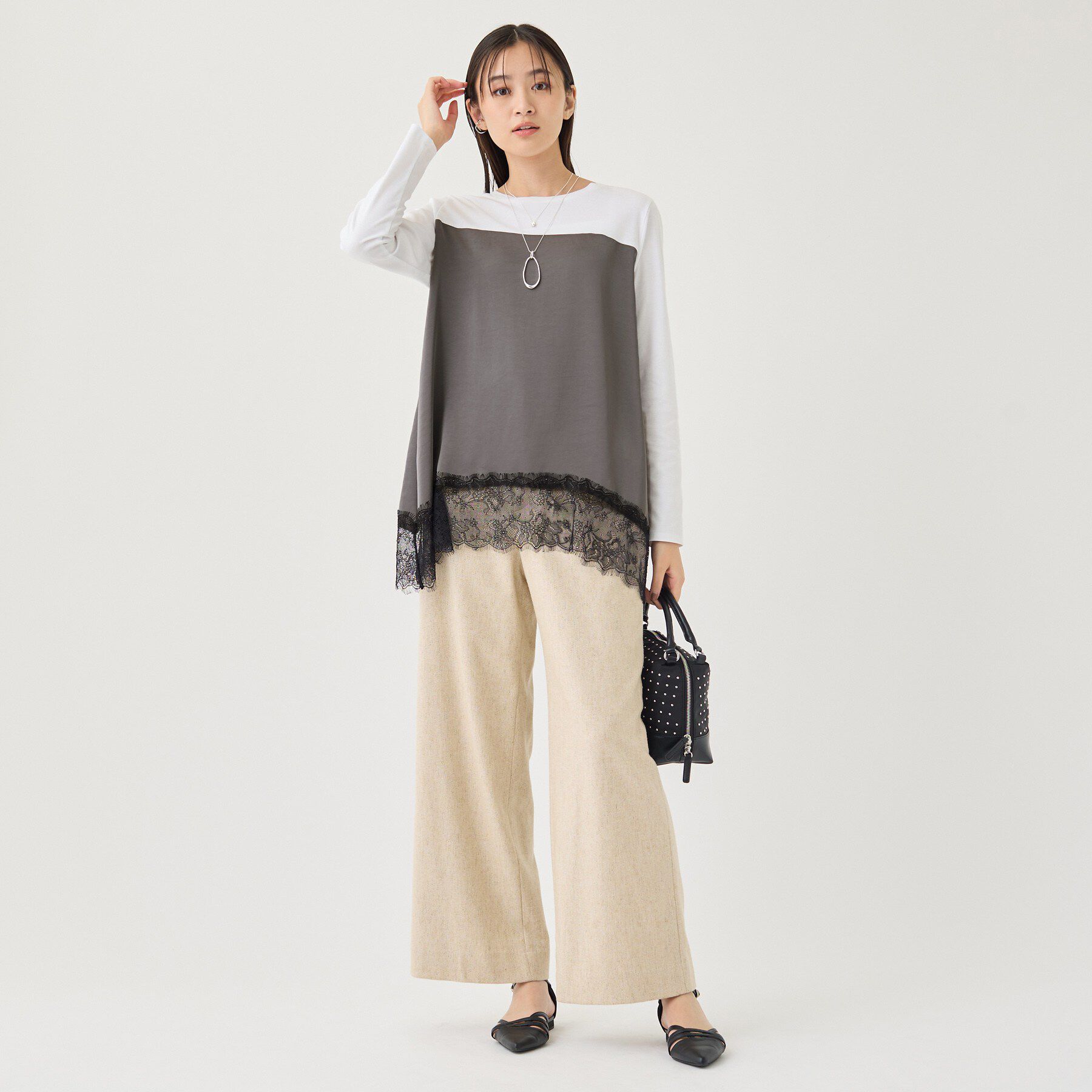 INDIVI「【お腹・腰カバー】サテン切替 レースヘムロングトップス」|Tシャツ・カットソー|