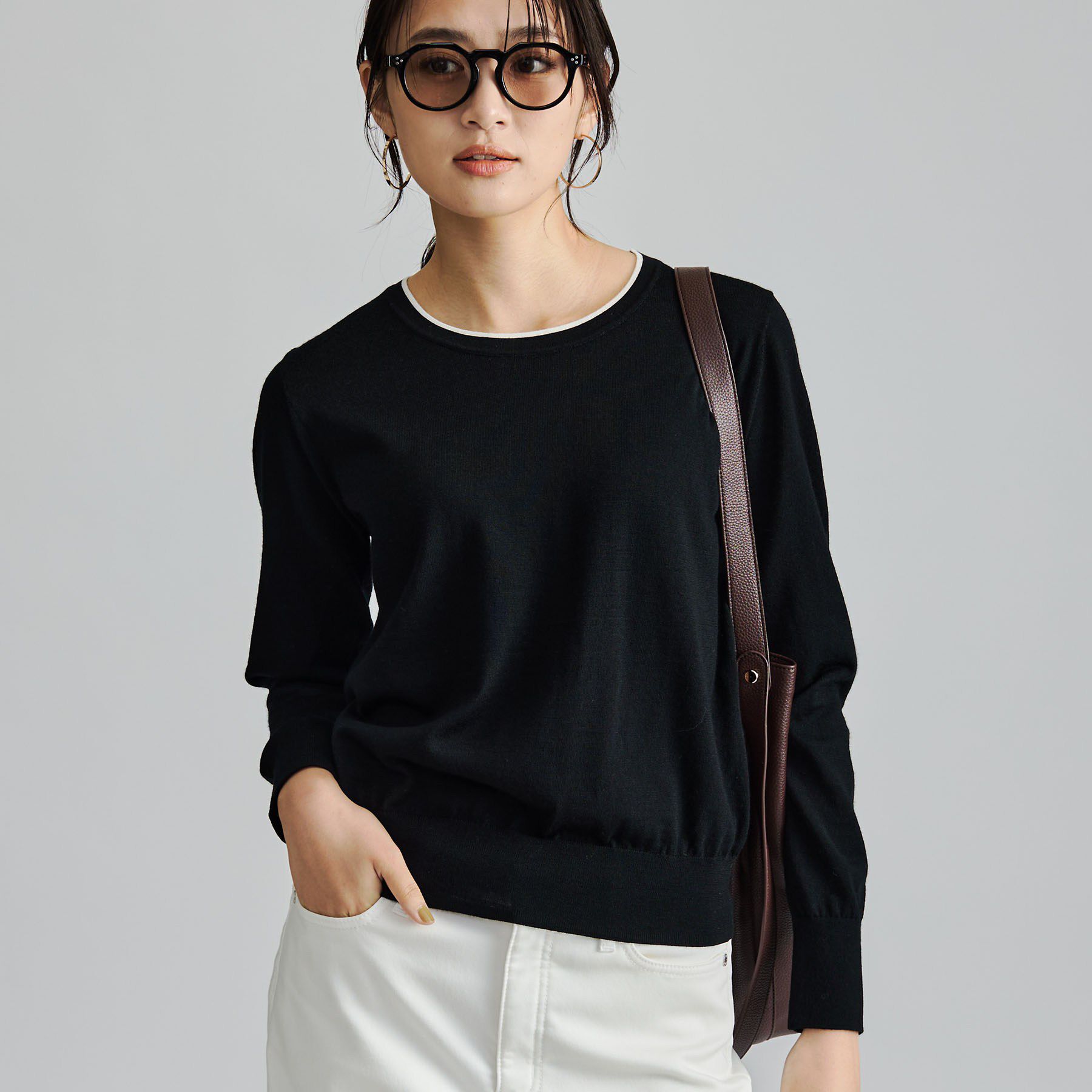 INDIVI「【上品な光沢感】エクストラファインウール クルーネックニット」|ニット・セーター|