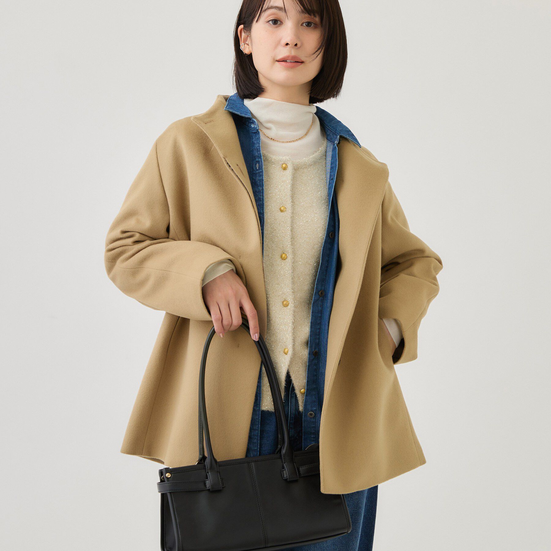 INDIVI「【ウールブレンド／日本製】スタンドカラー上品ミドル丈コート」|その他|
