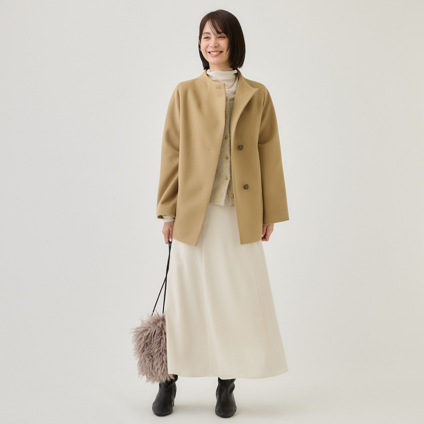 INDIVI「【ウールブレンド／日本製】スタンドカラー上品ミドル丈コート」|その他|