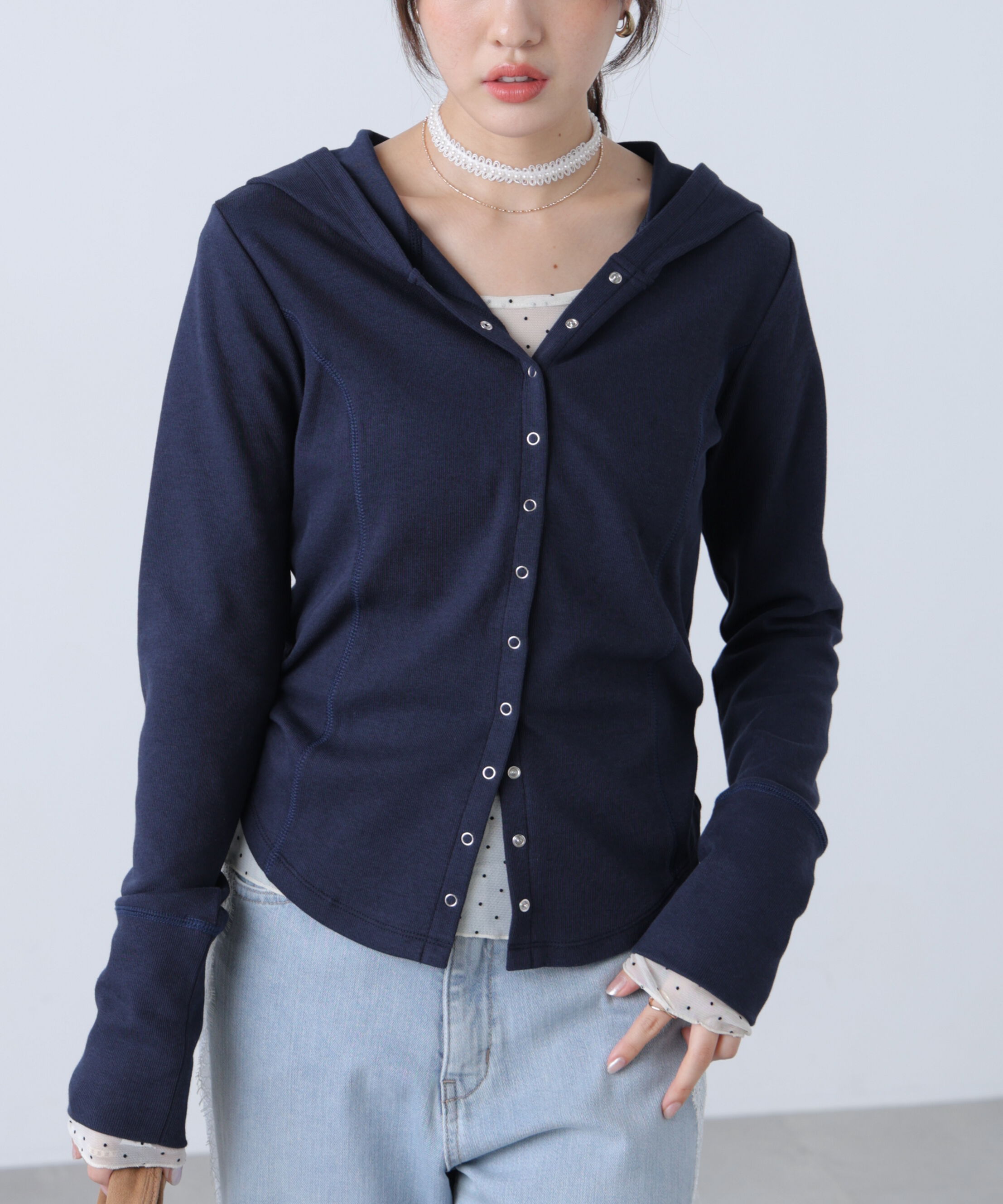  「テレコドットボタンフーディーカーディガン」|Tシャツ・カットソー|ネイビー