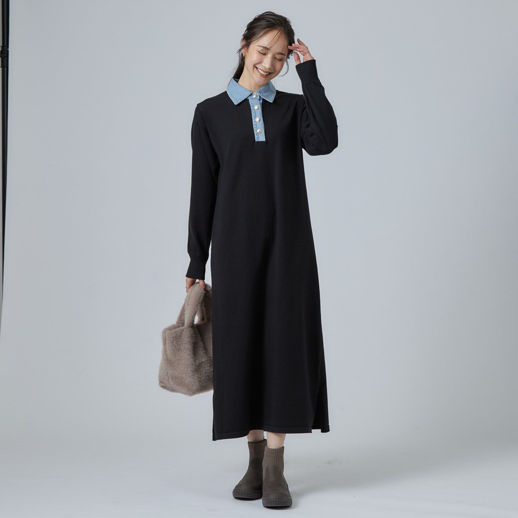 SHOO･LA･RUE「【S-LL/洗濯機可】金ボタンニットでこなれ見え 襟デニムニットワンピース」|ワンピース|