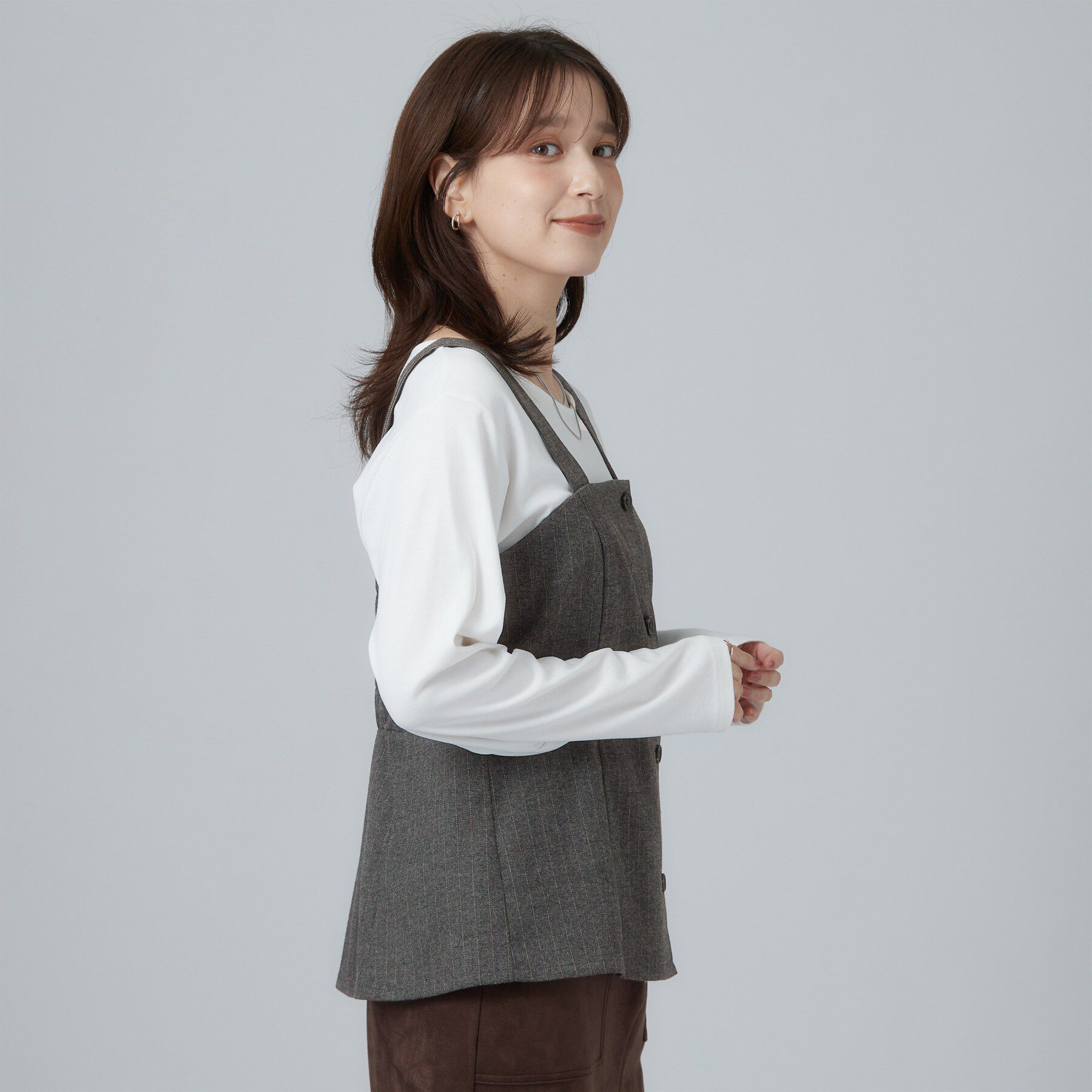 SHOO･LA･RUE「【セットアップ可/あったか/ぱちぱちしにくい】体型カバー+こなれ見え叶う 両面微起毛ビスチェ」|シャツ・ブラウス|