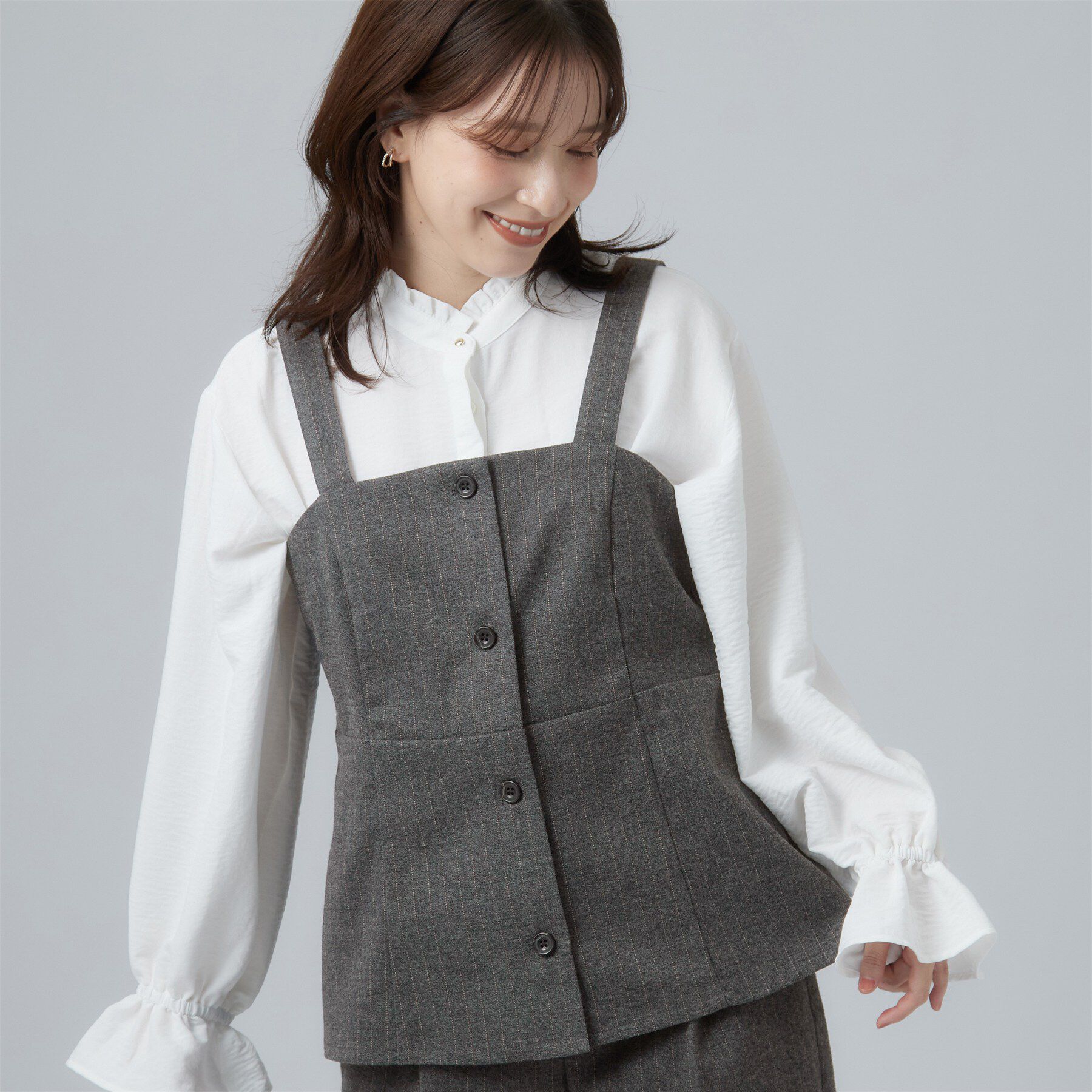 SHOO･LA･RUE「【セットアップ可/あったか/ぱちぱちしにくい】体型カバー+こなれ見え叶う 両面微起毛ビスチェ」|シャツ・ブラウス|チャコールグレー(3