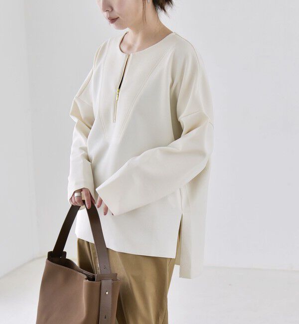 quaranciel「〈手洗い可能〉カットジョーゼット ハーフジップ クルーネック プルオーバー」|Tシャツ・カットソー|オフホワイト