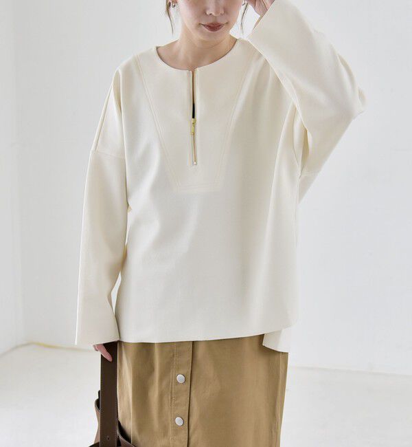 quaranciel「〈手洗い可能〉カットジョーゼット ハーフジップ クルーネック プルオーバー」|Tシャツ・カットソー|