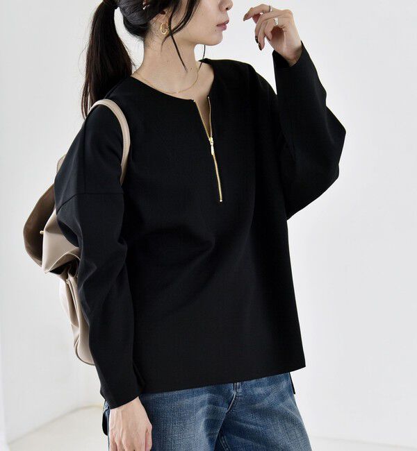 quaranciel「〈手洗い可能〉カットジョーゼット ハーフジップ クルーネック プルオーバー」|Tシャツ・カットソー|ブラック