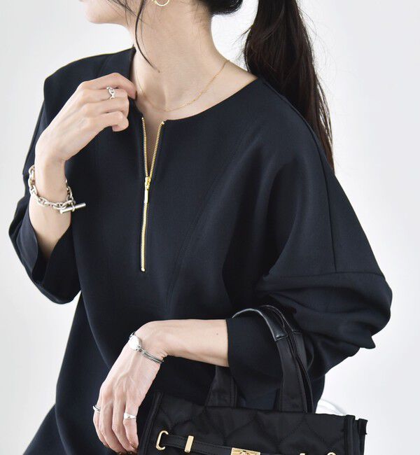 quaranciel「〈手洗い可能〉カットジョーゼット ハーフジップ クルーネック プルオーバー」|Tシャツ・カットソー|ネイビー