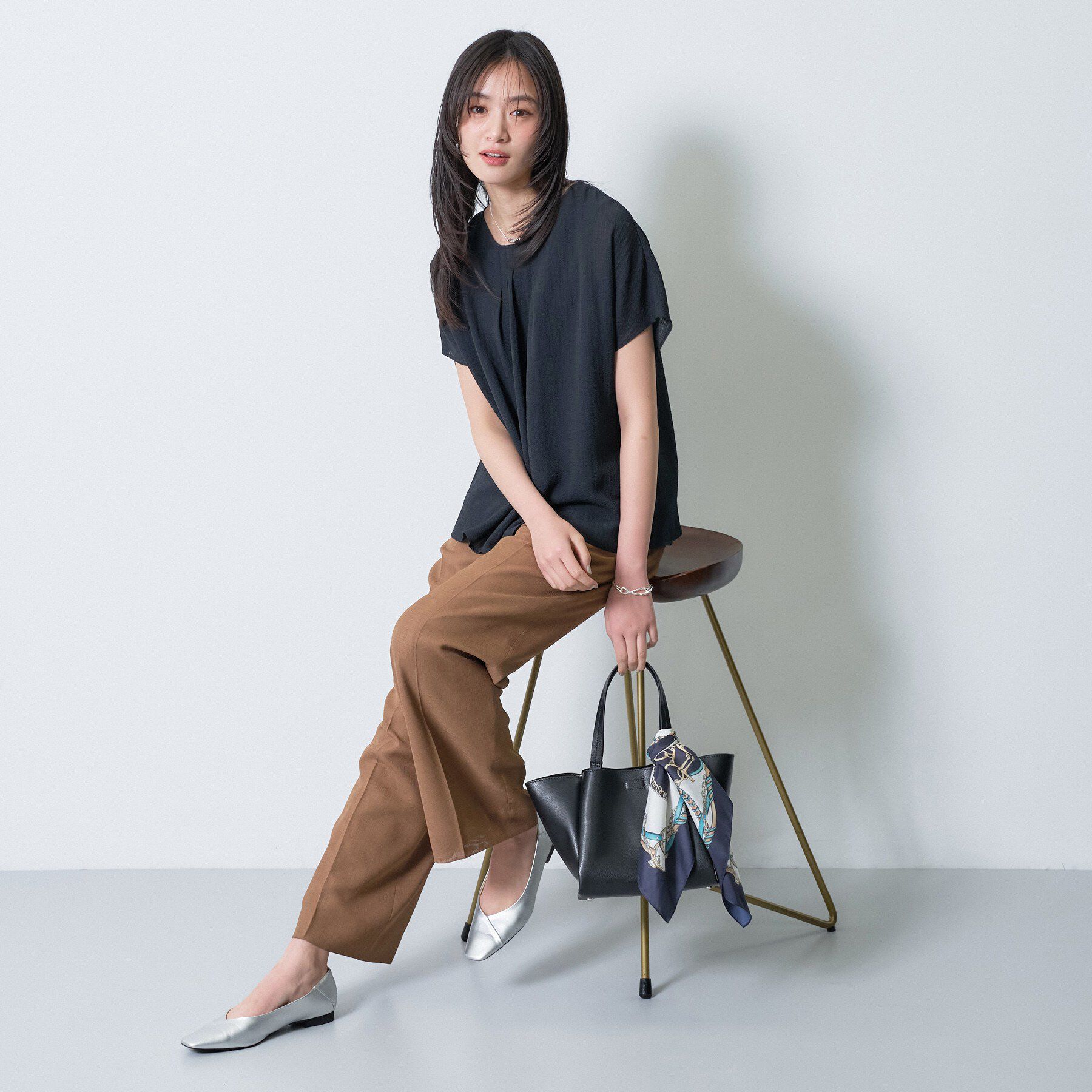 INDIVI「【洗える】無地＆チェーン柄 ギャザートップス」|シャツ・ブラウス|