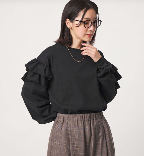 UNITED ARROWS green label relaxing「【WEB限定】＜at ease＞ソデ フリル ロングスリーブ プルオーバー カットソー」|Tシャツ・カットソー|BLACK