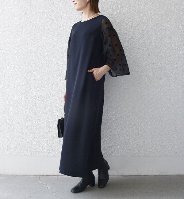 SHIPS any「《一部追加予約》〈手洗い可能〉シアー ドット コンビ ワンピース ［NAVY BLUE］」|ワンピース|