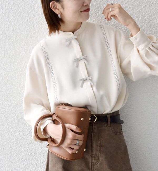 SHIPS any「〈手洗い可能〉リボン モチーフ スタンドカラー シャツ ブラウス［NAVY BLUE］」|シャツ・ブラウス|ナチュラル