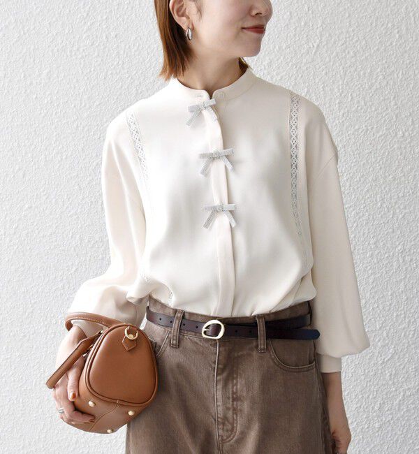SHIPS any「〈手洗い可能〉リボン モチーフ スタンドカラー シャツ ブラウス［NAVY BLUE］」|シャツ・ブラウス|