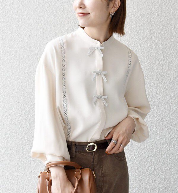 SHIPS any「〈手洗い可能〉リボン モチーフ スタンドカラー シャツ ブラウス［NAVY BLUE］」|シャツ・ブラウス|