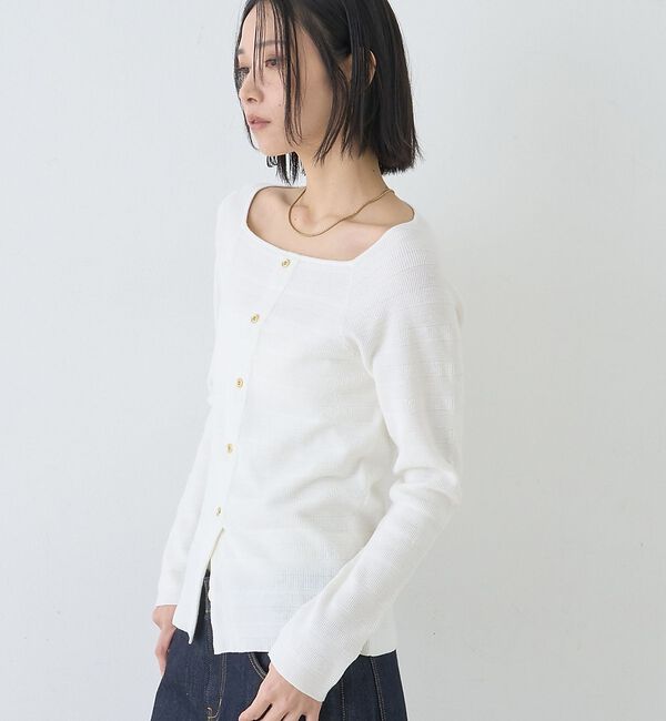 Rouge vif「【セットアップ対応】スクエアネックボーダー柄ニットカーディガン/プルオーバー」|カーディガン|オフホワイト