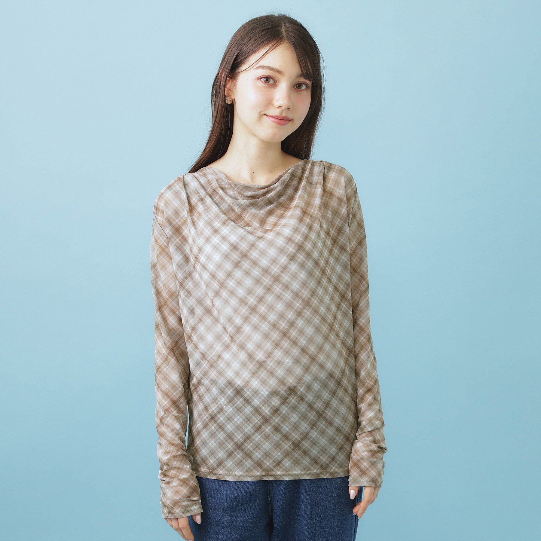 index「シアーチェックドレープネックトップス【洗濯機OK】」|Tシャツ・カットソー|