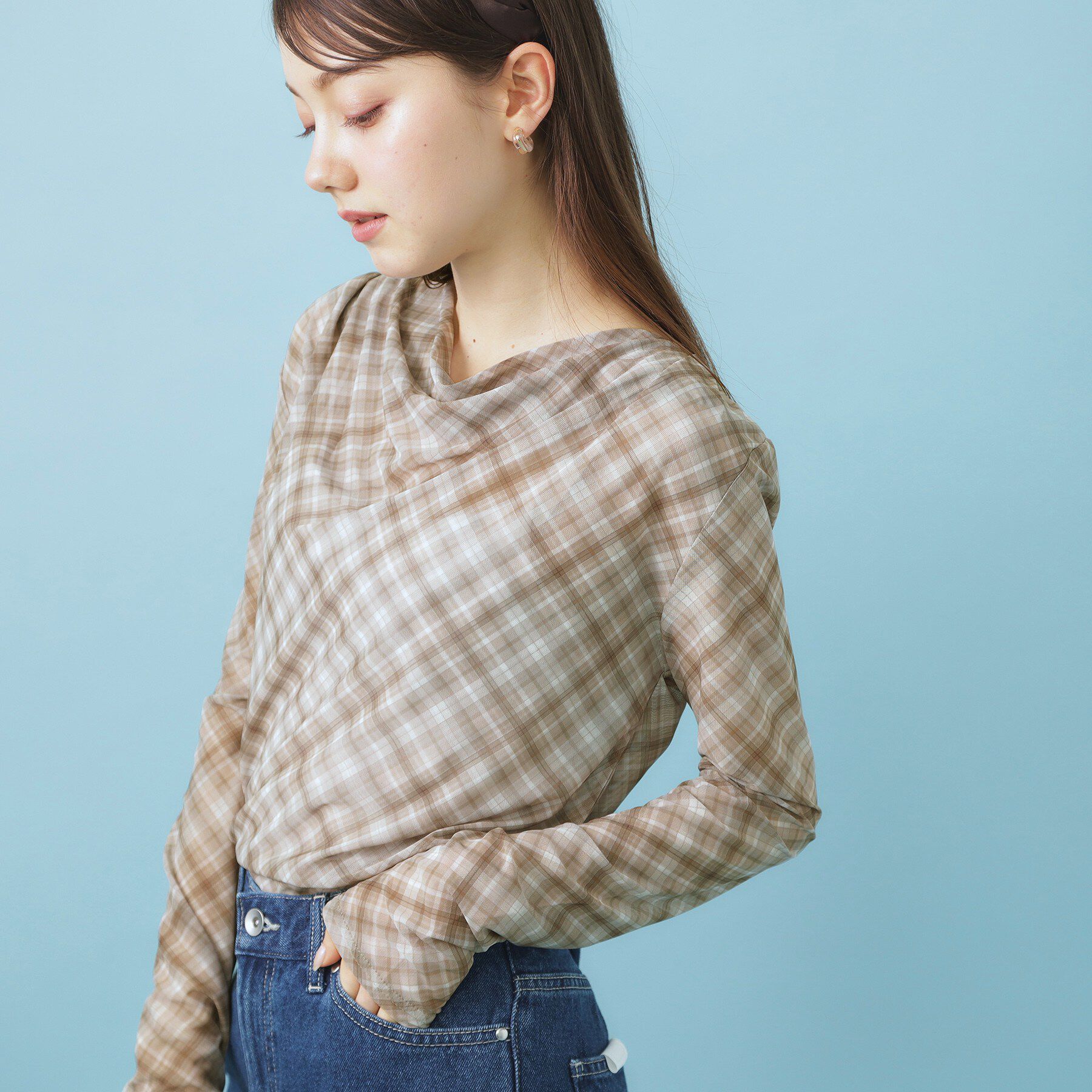 index「シアーチェックドレープネックトップス【洗濯機OK】」|Tシャツ・カットソー|
