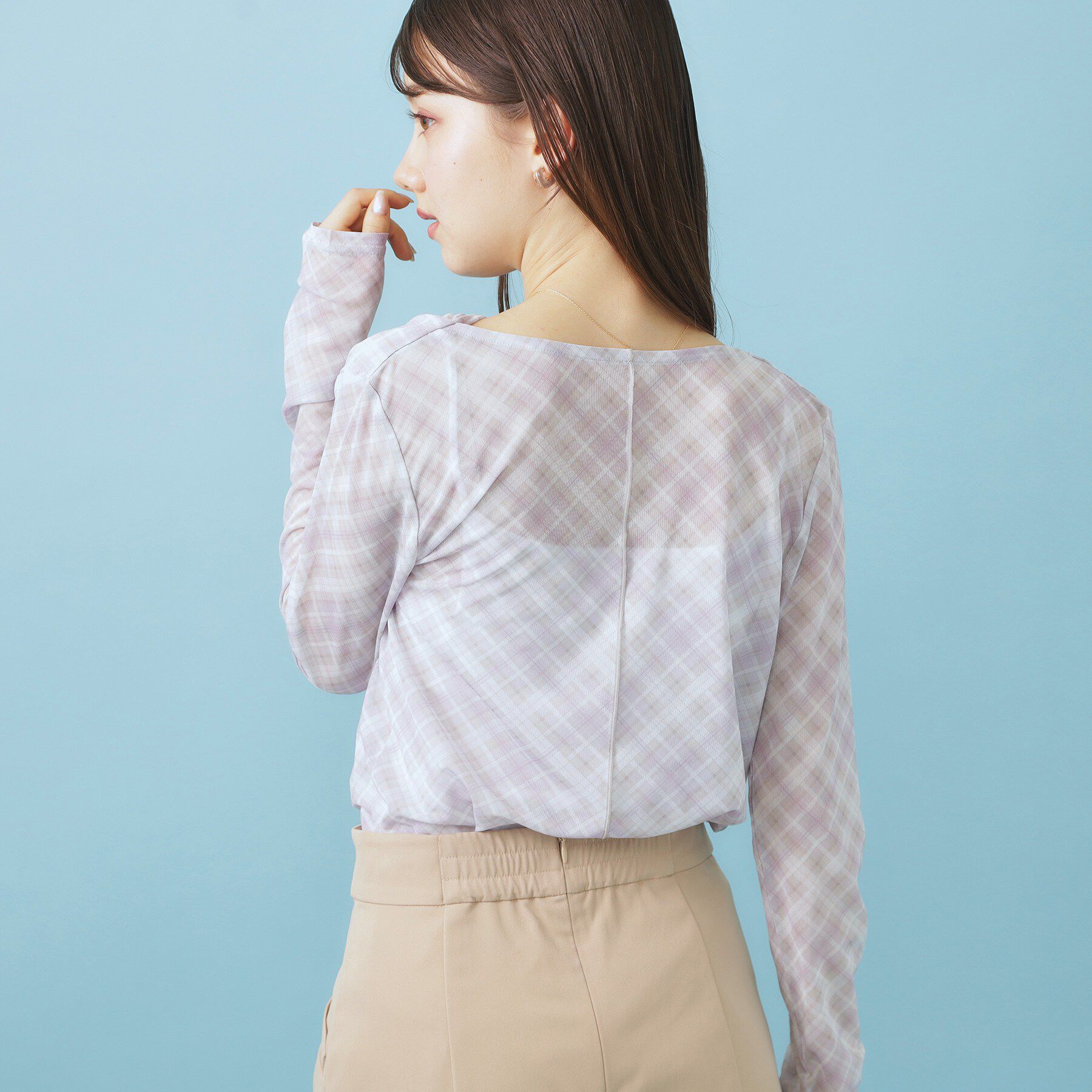index「シアーチェックドレープネックトップス【洗濯機OK】」|Tシャツ・カットソー|