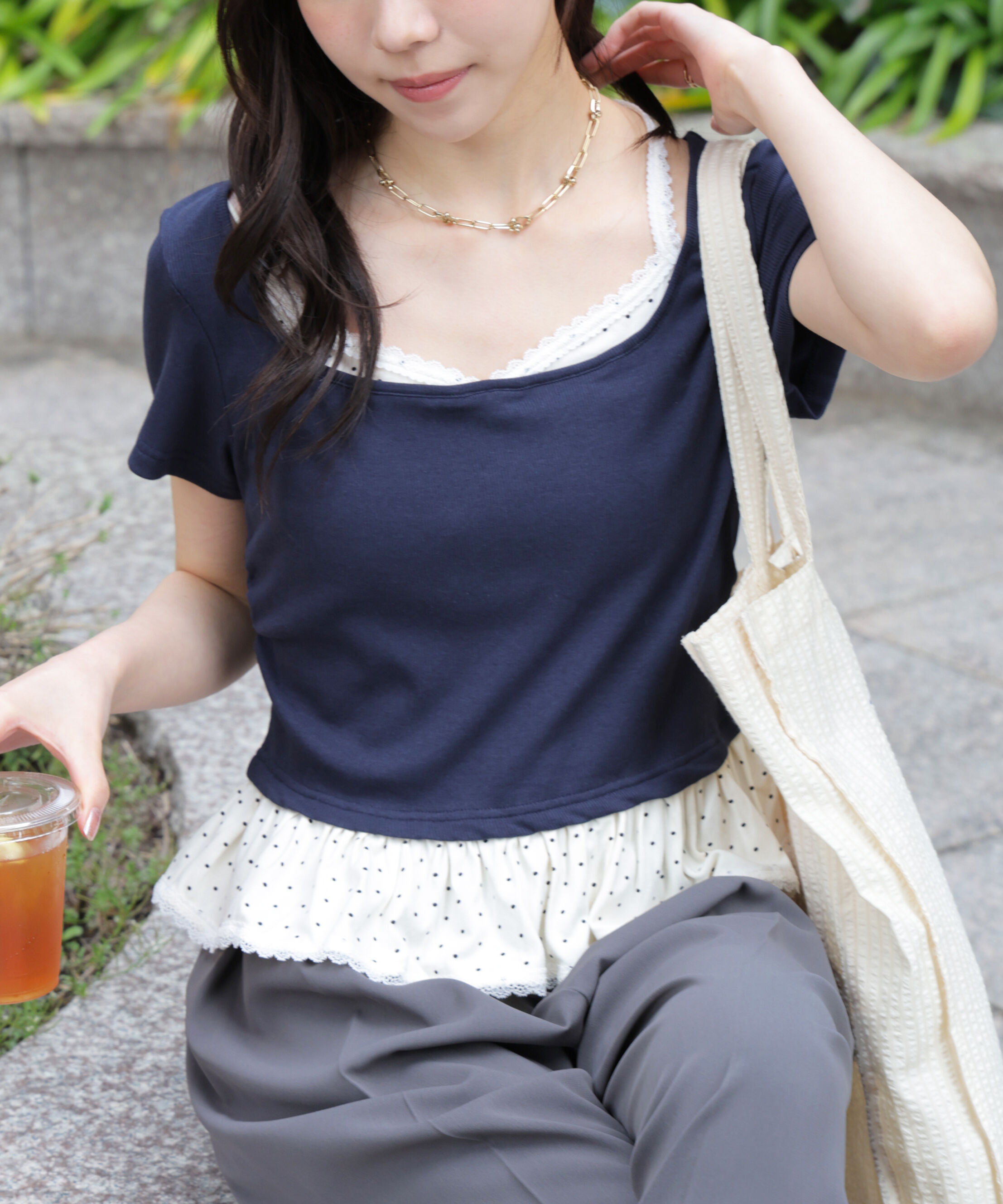  「レイヤード風ドットカットソー」|Tシャツ・カットソー|ネイビー