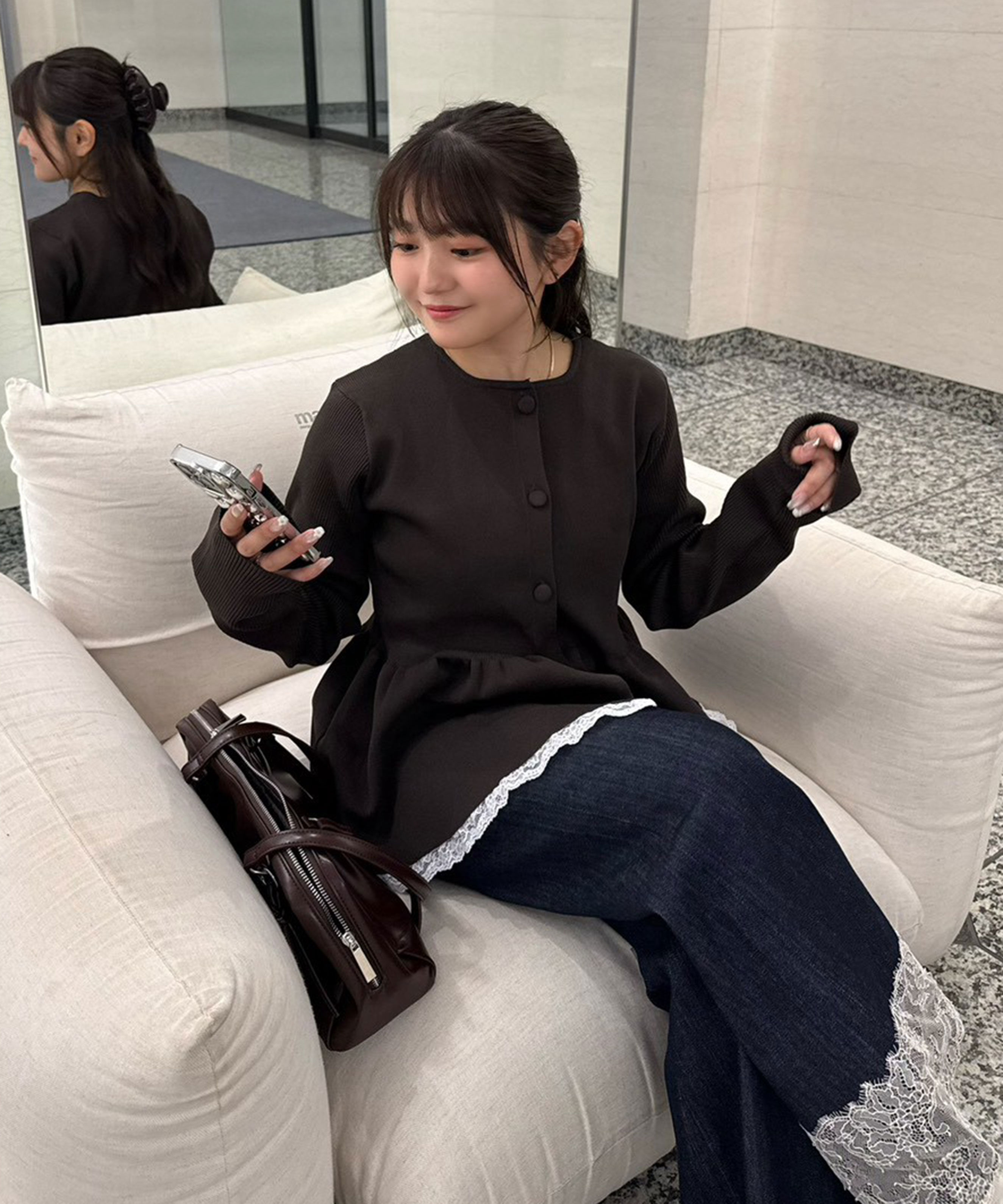  「＜一部追加生産予約＞ペプラム裾レースカーデ」|ニット・セーター|ブラウン