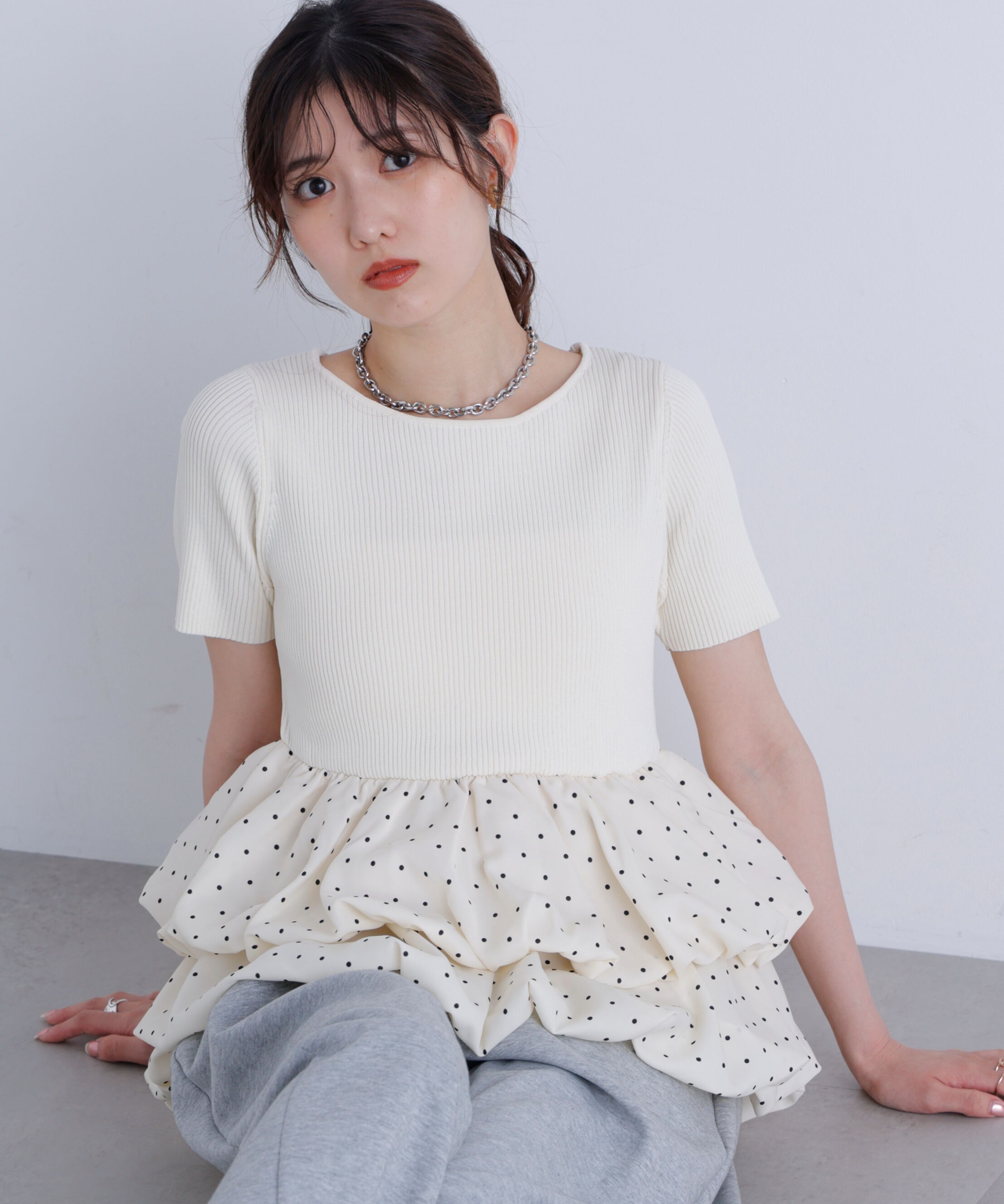  「〈MFM〉ドットバルーンペプラムニット」|ニット・セーター|ホワイト