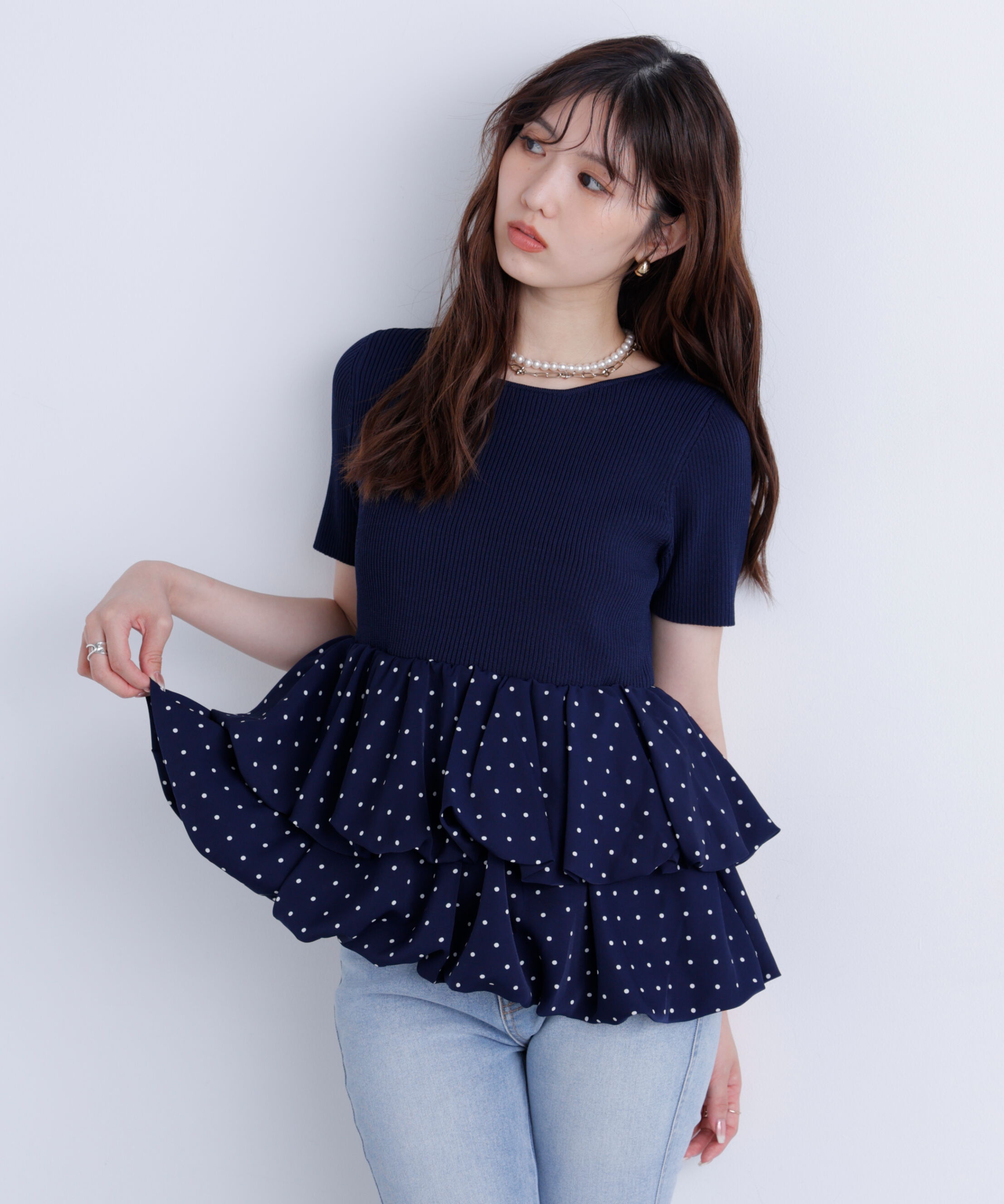  「〈MFM〉ドットバルーンペプラムニット」|ニット・セーター|ネイビー