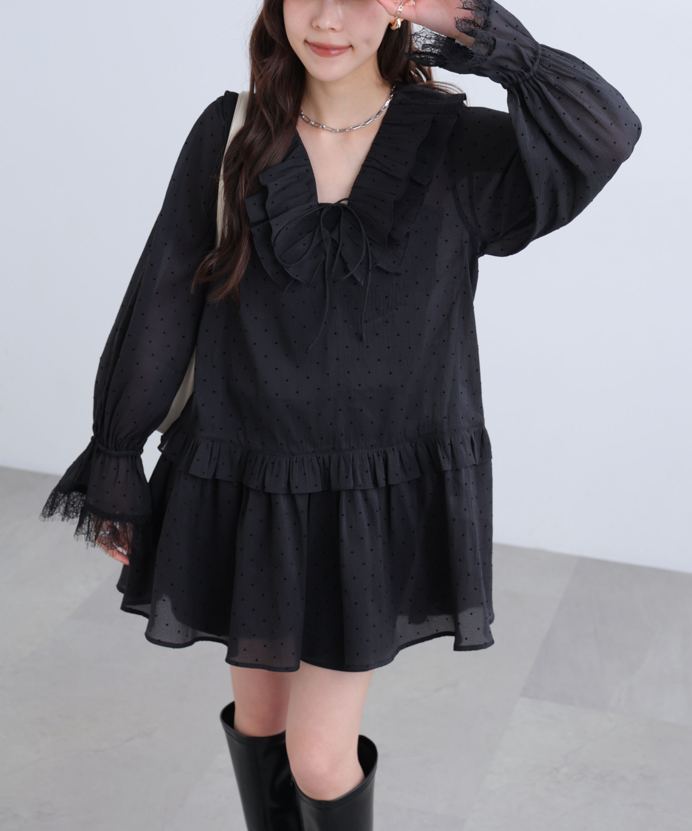  「フロッキードットフリルティアードミニワンピース」|ワンピース|