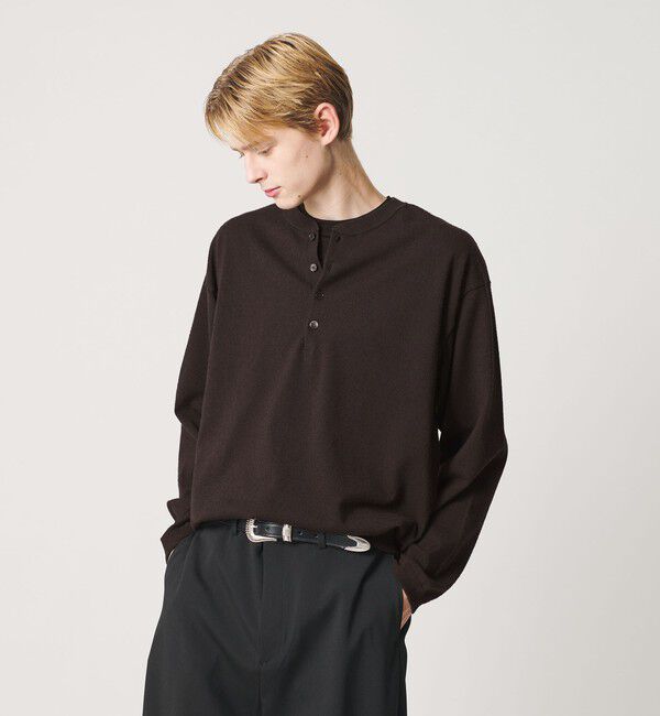 BEAUTY&YOUTH UNITED ARROWS「KNITEE フェザー コットン ヘンリーネック ニット Tシャツ ウォッシャブル」|ニット・セーター|DK.BROWN
