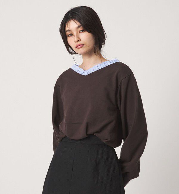 EMMEL REFINES「＜EMMEL REFINES＞EM フリルVネック ウラケ プルオーバー」|Tシャツ・カットソー|DK.BROWN