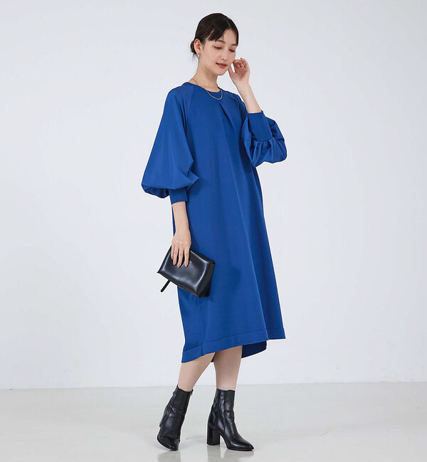 qualite「フォルムスリーブコンビニットワンピース」|ワンピース|ブルー