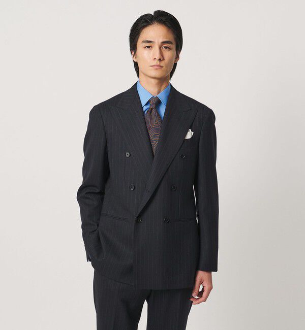 UNITED ARROWS「ネイビー ストライプ ダブル 6ボタン スーツ MCーMODEL ヨコストレッチ」|スーツ|