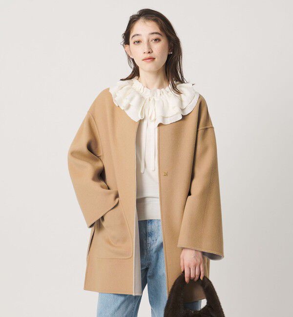 UNITED ARROWS「バイカラー リバー ミドルコート」|ノーカラーコート|