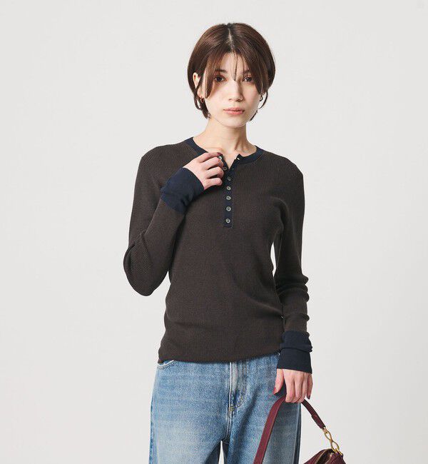 BEAUTY&YOUTH UNITED ARROWS「バイカラー ヘンリーネック リブ ニットプルオーバー ウォッシャブル」|ニット・セーター|DK.GRAY